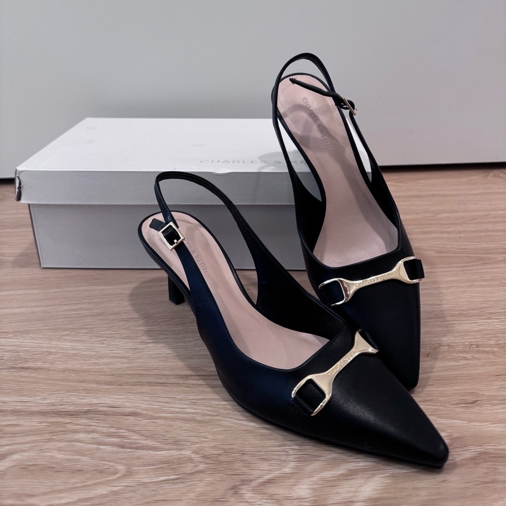 Charles & Keith Black and Gold Slingback Heels